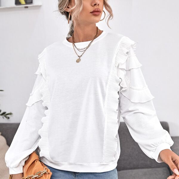Ruffle Trim Solid Sweatshirt, White
