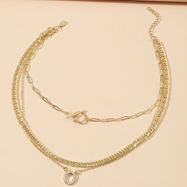 Rhinestone Decor Letter Charm Layered Necklace, Gold