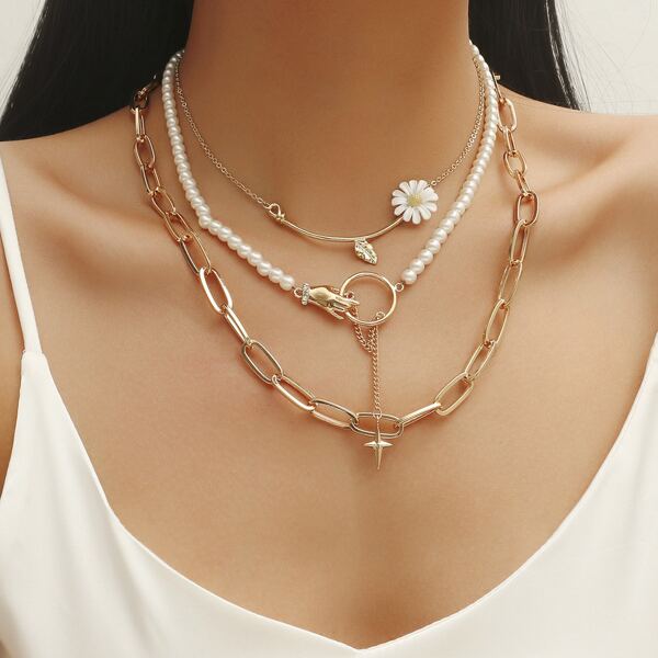 3pcs Flower Detail Necklace, Gold