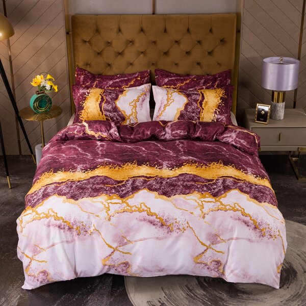 Marble Pattern Bedding Set Without Filler, Burgundy