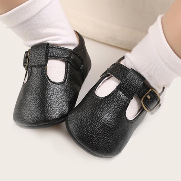 Baby Girl Minimalist Buckle Decor Flats, Black