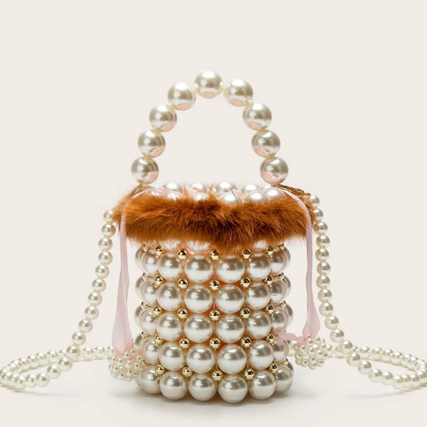 Mini Allover Faux Pearl Decor Bucket Bag, Beige