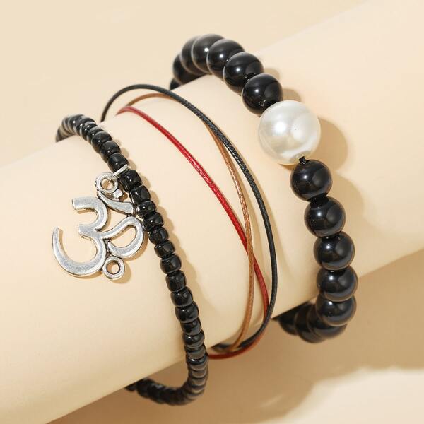 3pcs Men Beaded Bracelet, Black
