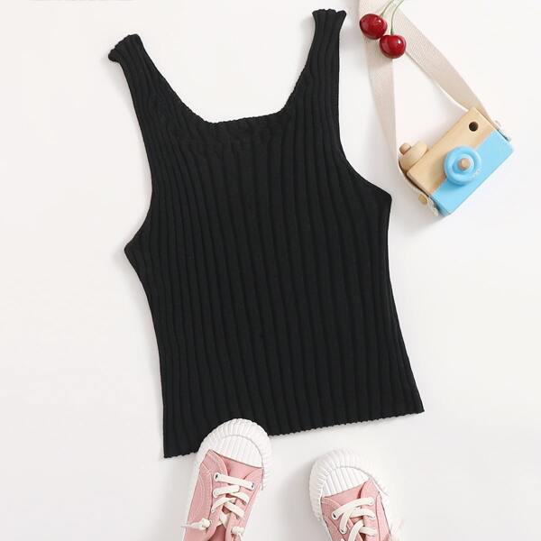 Girls Solid Rib-knit Tank Top, Black