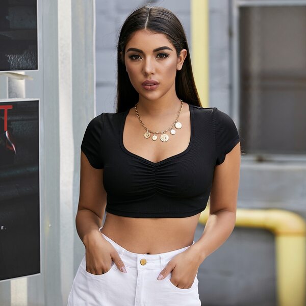 Ruched Rib-knit Crop Tee, Black
