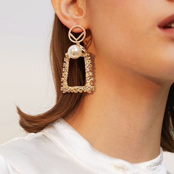 Faux Pearl Decor Geometric Charm Drop Earrings, Gold