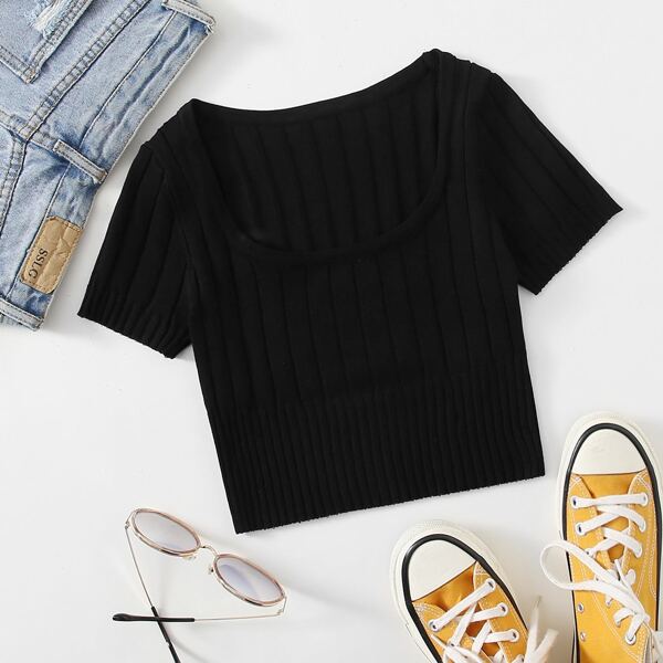 Scoop Neck Ribbed Knit Top, Black