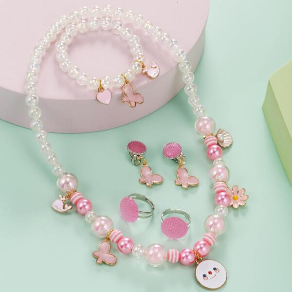 6pcs Toddler Girls Butterfly Charm Jewelry Set, Pink