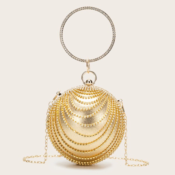 Mini Rhinestone Decor Round Clutch Bag, Gold