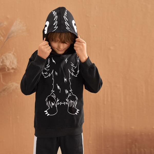 Boys Cartoon Graphic Triangle Trim Hoodie, Black