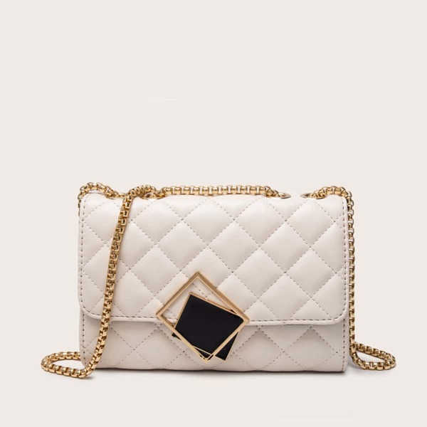 Metal Decor Quilted Shoulder Bag, White