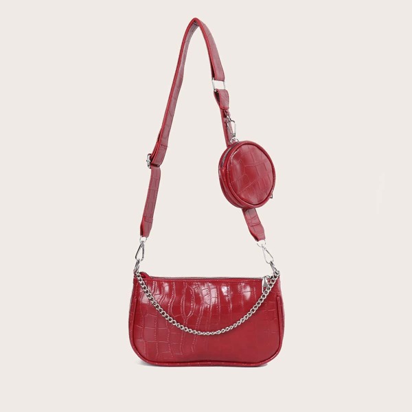 Croc Embossed Baguette Bag With Purse, Red