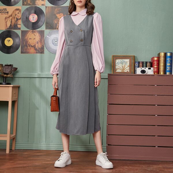 Double Breasted 2 In 1 Shirt Dress, Grey
