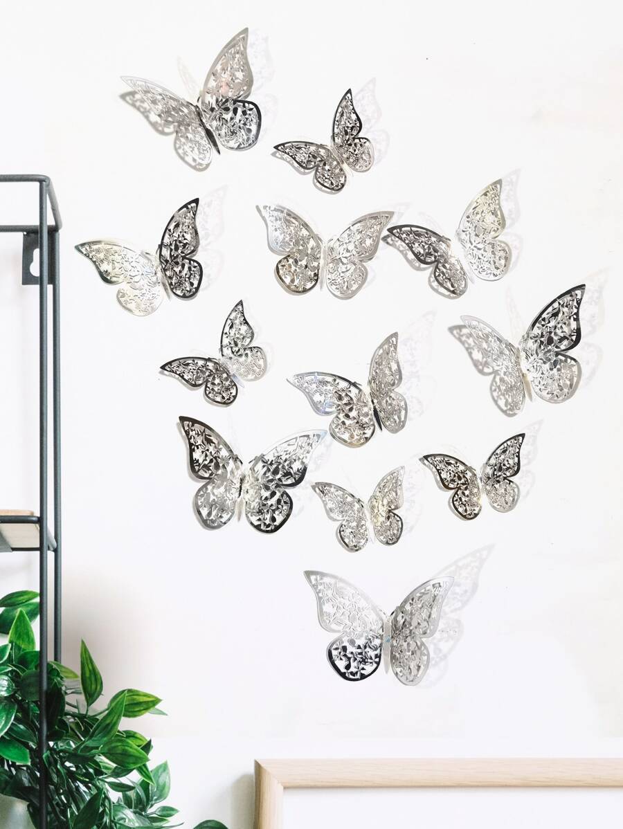 12 piezas Pegatinas de pared de mariposa hueca, pegatinas de mariposa de papel plateado para decoración del hogar, pegatinas, vinilos decorativos para la decoración del hogar, artículos de decoración de primavera para refrescar su hogar, pegatinas de decoración de ramas