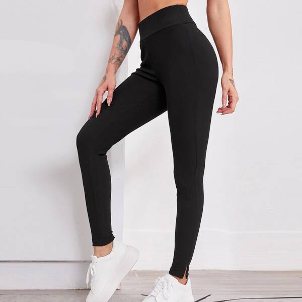 Wide Band Waist Solid Leggings, Black