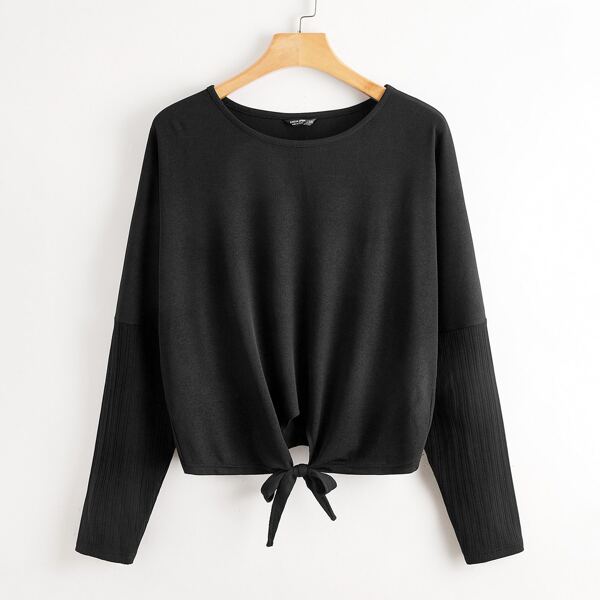 Plus Knot Hem Drop Shoulder Tee, Black