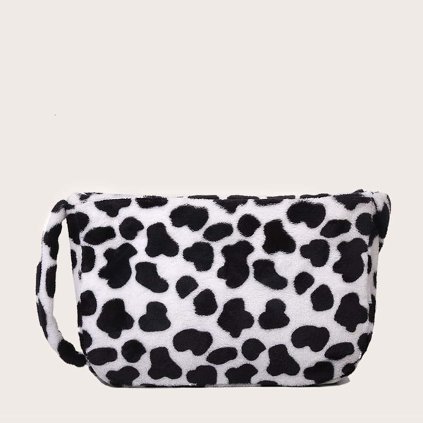 Fuzzy Cow Pattern Crossbody Bag, Black and white