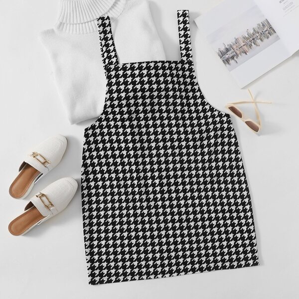 Plus Houndstooth Print Overall Dress, Black and white