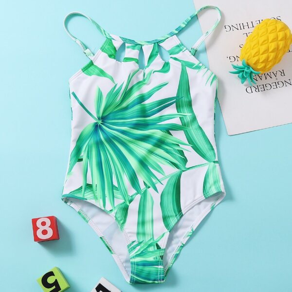 Girls Tropical Cut-out One Piece Swimsuit, Green