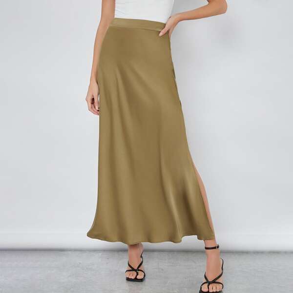 Split Thigh Solid Skirt, Khaki