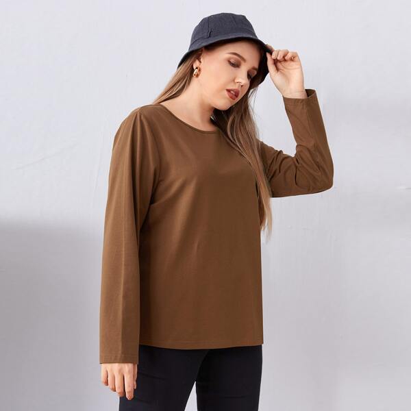 Plus Round Neck Solid Top, Coffee brown