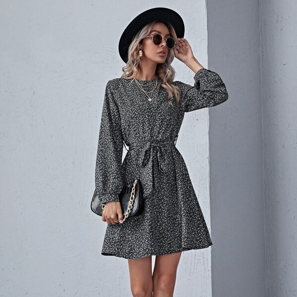 Ditsy Floral Lantern Sleeve Belted Dress, Dark grey