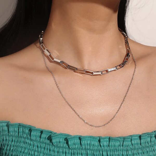 Metal Layered Necklace, Silver