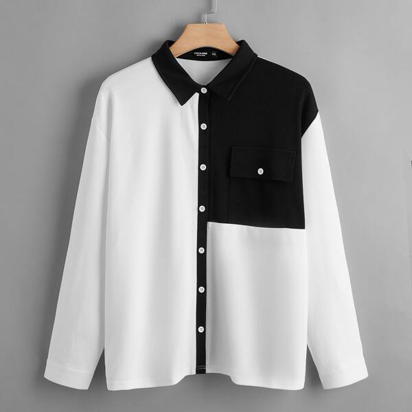 Plus Button Front Two Tone Blouse, White
Plus Button Front Two Tone Blouse, White