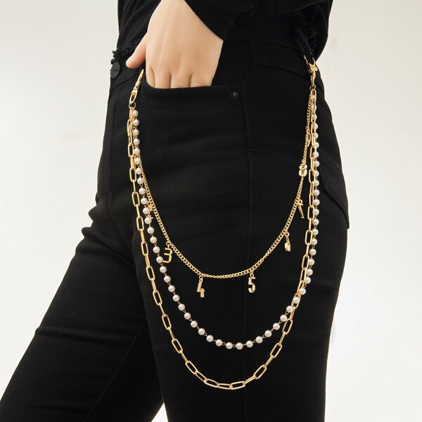 Faux Pearl Pant Chain, Gold