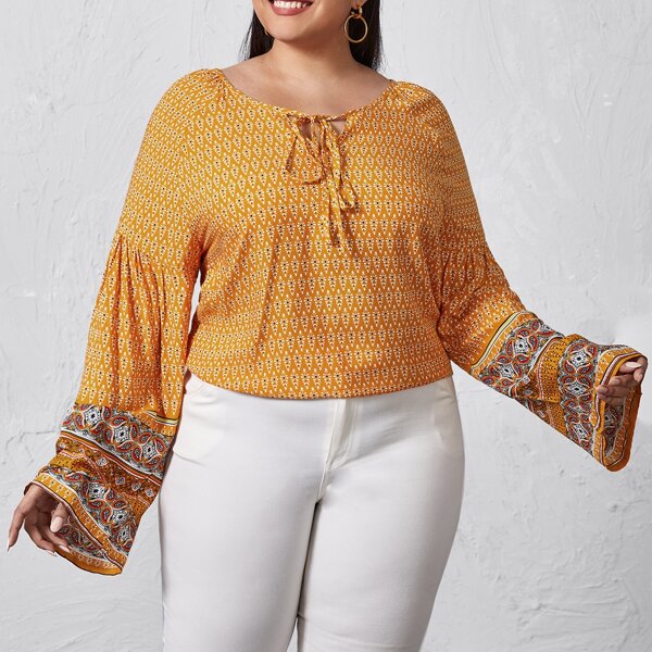 Plus Tie Neck Paisley Print Blouse, Yellow