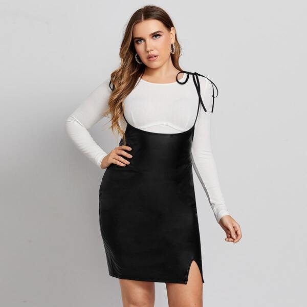 Plus Knot Strap Split Hem Leather Look Dress, Black 
Plus Knot Strap Split Hem Leather Look Dress, Black