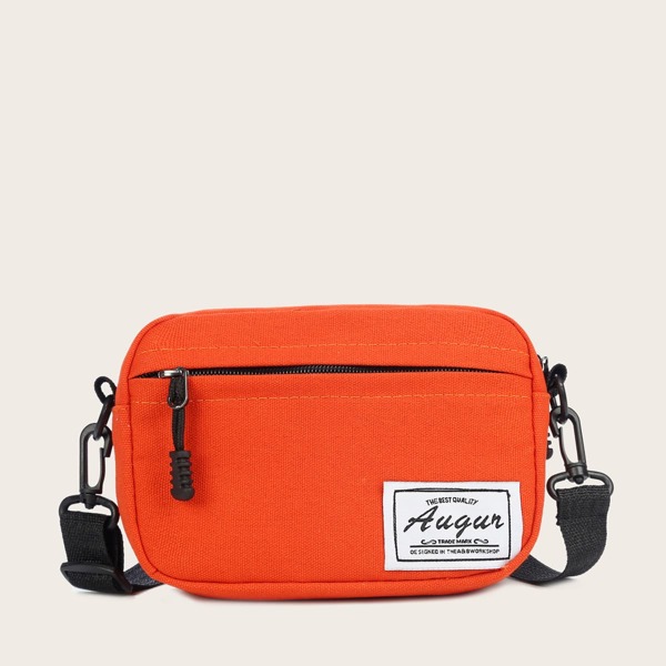 Letter Patch Zip Front Crossbody Bag, Orange