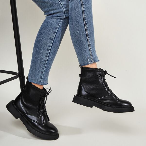 Lace-up Front Combat Boots, Black