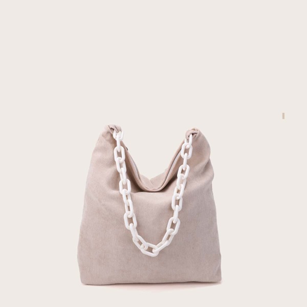 Large Capacity Corduroy Chain Shoulder Bag, Beige
