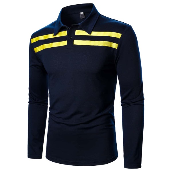 Men Striped Quarter Button Polo Shirt, Navy blue