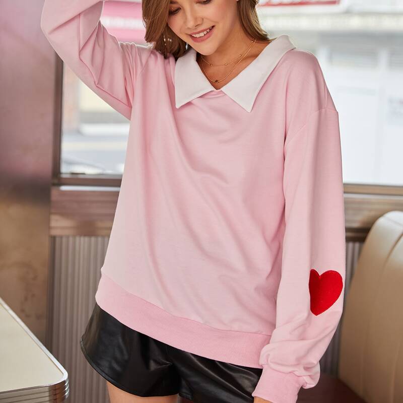 Contrast Collar Heart Sleeve Sweatshirt, Baby pink 
Contrast Collar Heart Sleeve Sweatshirt, Baby pink