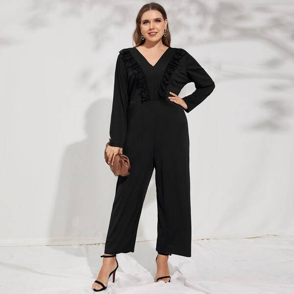Plus Ruffle Trim Wide Leg Jumpsuit, Black