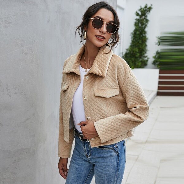 Textured Button Front Velvet Jacket, Khaki