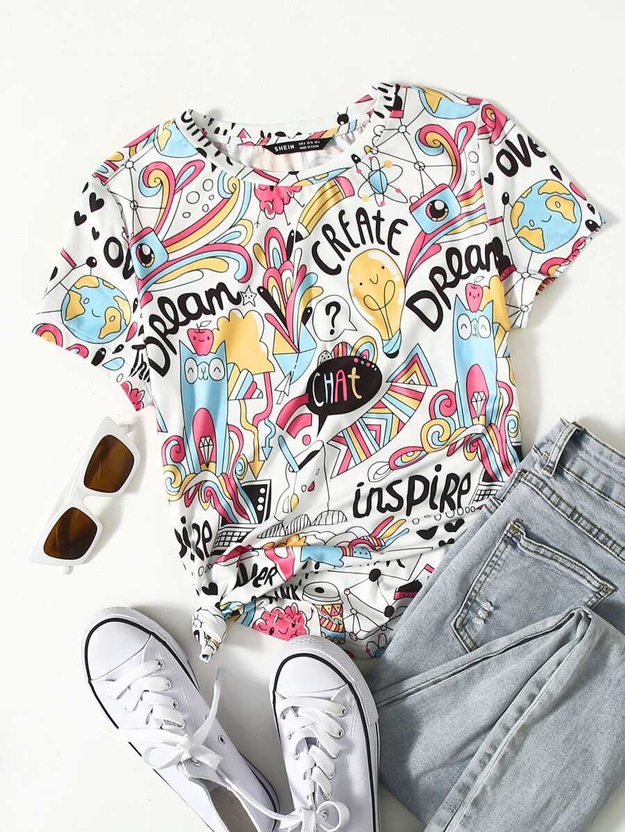 Mulvari Letter and Cartoon Graphic Top
