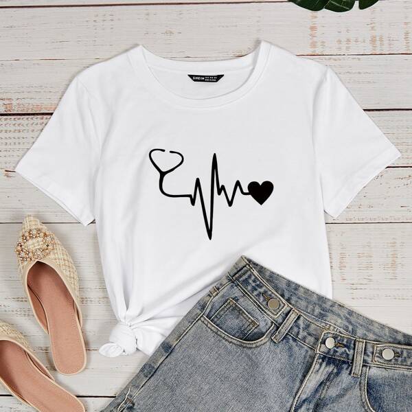 Heart Print Tee, White