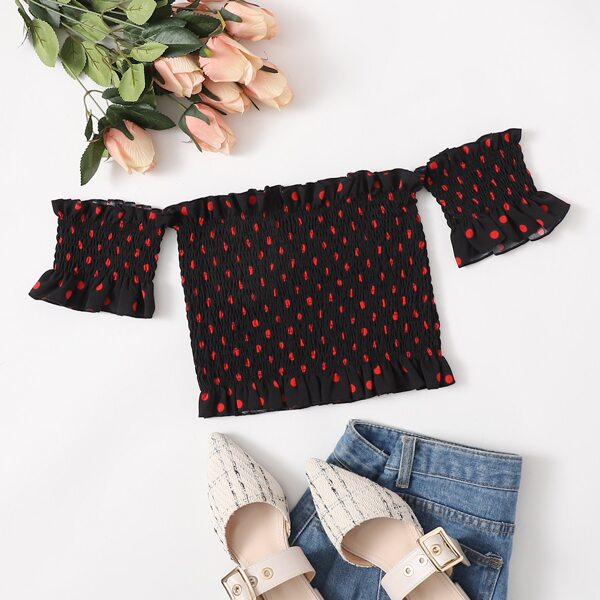 Polka Dot Smocked Off-the-Shoulder Top, Black