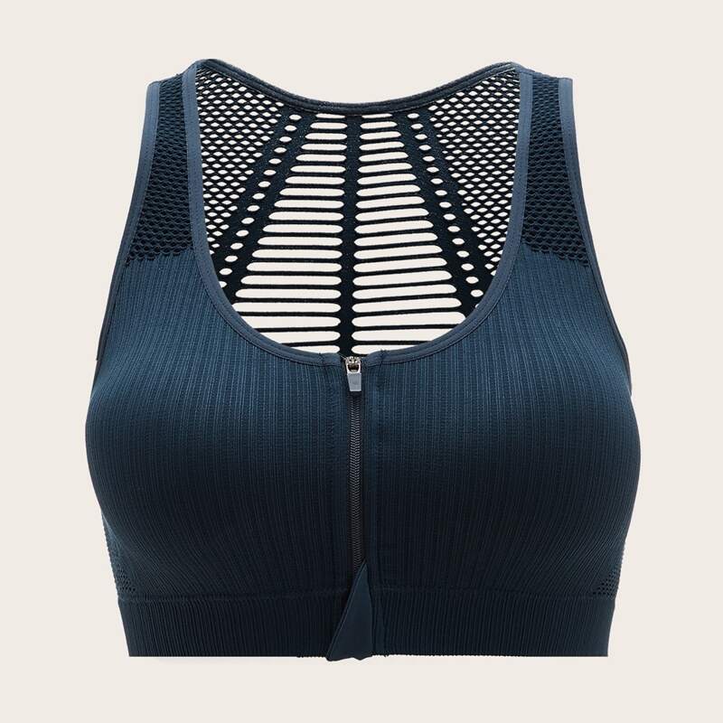Medium Support Zipper Front Cut Out Sports Bra, Navy blue 
Medium Support Zipper Front Cut Out Sports Bra, Navy blue