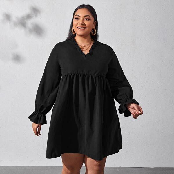 Plus Solid Frill Trim Babydoll Dress, Black