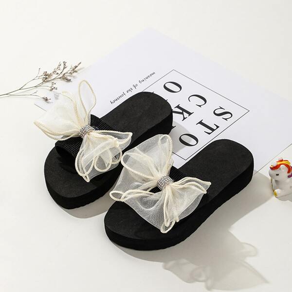 Girls Rhinestone & Bow Decor Slippers, Beige