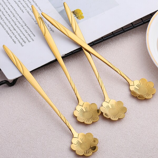 4pcs Flower Design Spoon, Gold