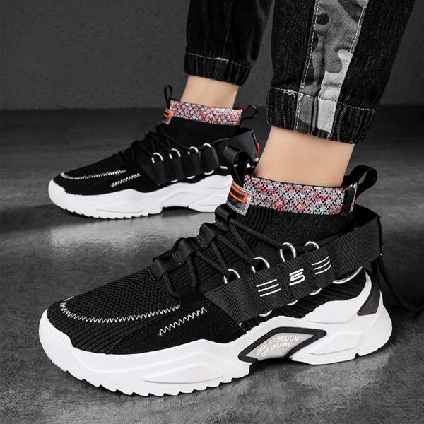 Men Drawstring Decor High Top Knit Sneakers, Black and white