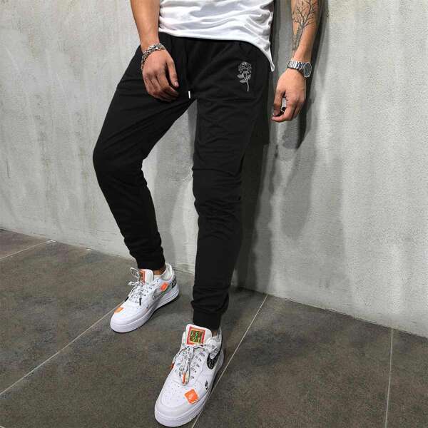 Men Floral Print Drawstring Waist Sweatpants, Black