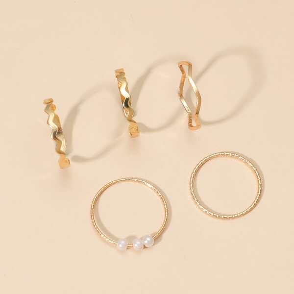 5pcs Faux Pearl Decor Ring, Gold