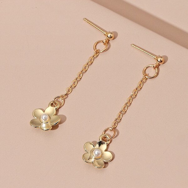 Faux Pearl Flower Drop Earrings, Gold