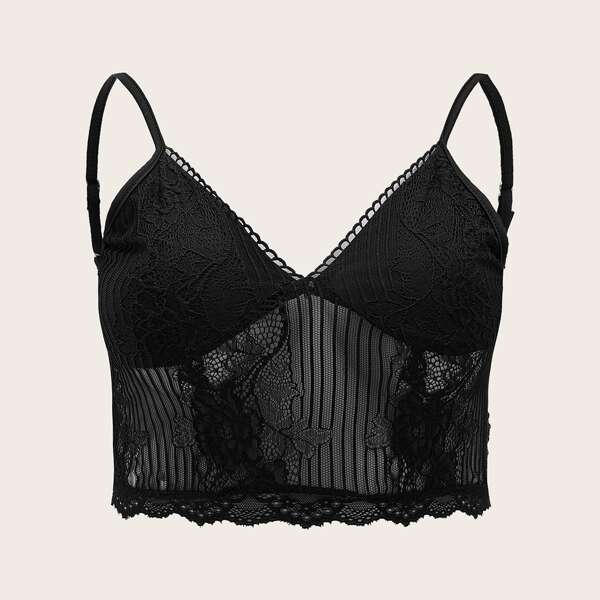 Plus Lace Panel Solid Cami Top, Black
